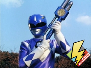 Blue Ranger prepares to fire the Anti-Sonic Foam Gun